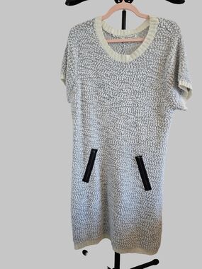 Extra Touch 3X Boulevard Knit Tunic Sweater Dress Cream Gray Short Sleeve